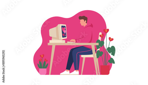 Young man chatting online with hearts on a retro computer screen Digital romance concept