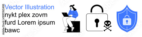 Cybersecurity, data safety, identity protection, digital access, online threats, encryption. A person using a laptop, padlock shield with lock symbol and skull icon. Cybersecurity and data safety