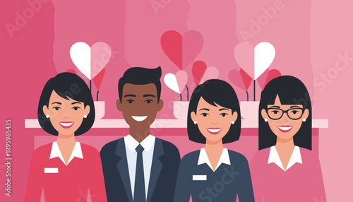 Diverse smiling business team illustration promoting positive customer service loyalty and care concept