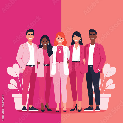 Diverse business team smiling wearing pink suits symbolizing teamwork support and success