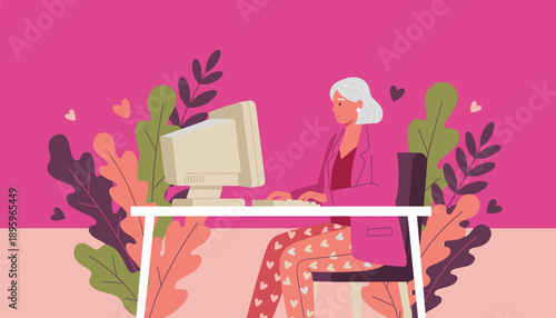 Happy senior woman working remotely on a desktop computer in comfortable pajamas Work from home concept