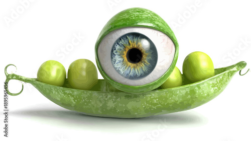 Whimsical illustration of an eye embedded in a pea pod, with other peas visible