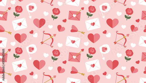 Romantic seamless pattern with Cupids arrows hearts and roses Perfect for Valentines Day design