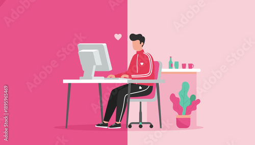 Casual man working remotely on a computer in a vibrant pink home office Vector illustration