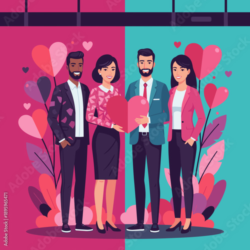 Diverse couplescolleagues holding a split heart symbolizing unity partnership and Valentines love