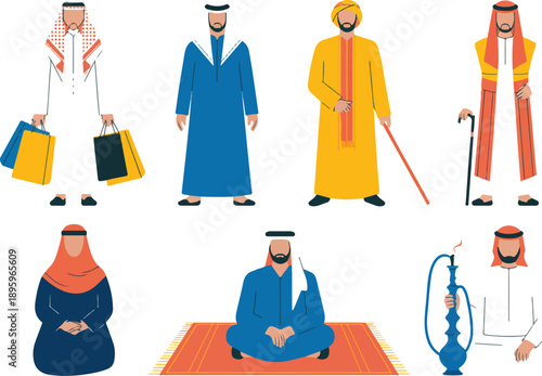 Cultural Middle Eastern Character Collection  Praying, Hookah, and Relaxing