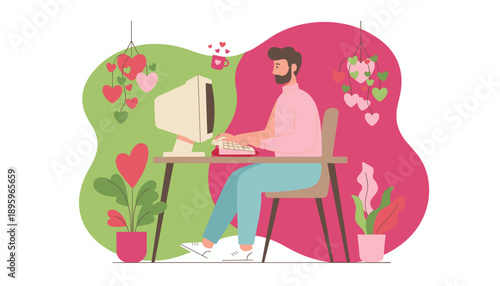 Bearded man using an old computer at a heartthemed desk representing online communication or love