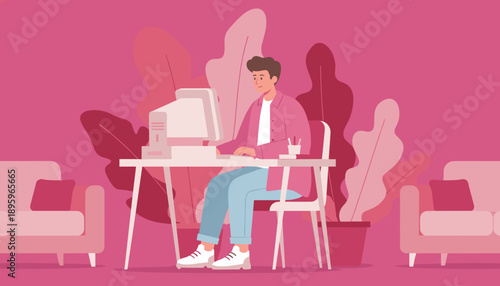 Man working on a desktop computer in a vibrant pink minimalist home office Remote work illustration