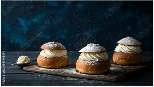 Three freshly baked semla buns with whipped cream on rustic wooden board in moody studio lighting