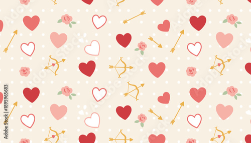 Cute Valentines pattern hearts Cupid bows and roses on a dotted pink background Love and romance concept