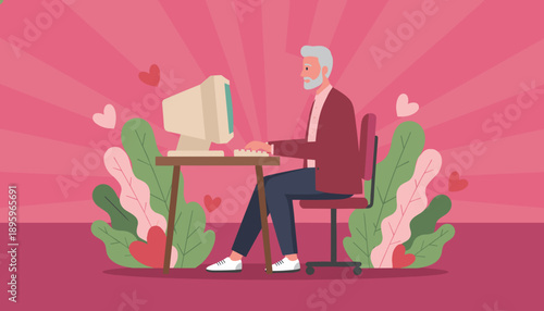 Bearded man using vintage computer for online dating or communication vector illustration with hearts and plants