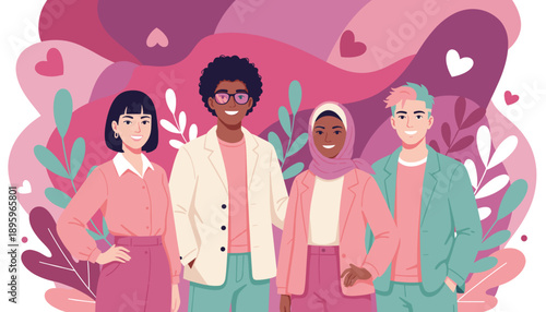 Diverse group illustration celebrating unity friendship and inclusion against a vibrant loving pink background