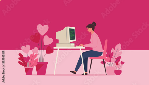 A happy woman codes on a vintage computer surrounded by pink heart plants Love for programming concept