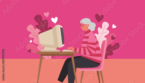 Senior woman using a vintage desktop computer on a pink background with hearts symbolizing online connection