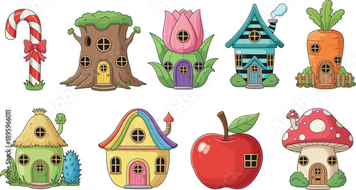 Set of whimsical fantasy fairy houses and cute magical dwellings including mushroom house, apple home, tulip cottage, carrot hut, and candy cane tower for children design.
