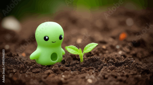 A vibrant, whimsical scene of a cute green figure beside a young plant in fertile soil