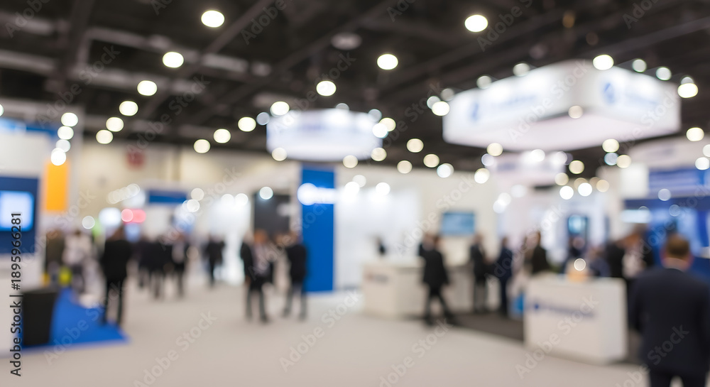 Obraz premium Crowd of people walking through a busy exhibition trade show hall with booths