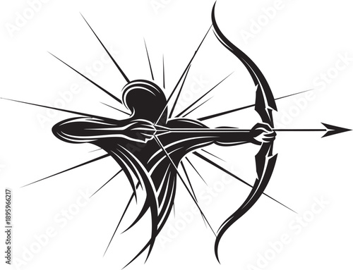 Silhouette of a powerful archer aiming a bow and arrow with speed lines