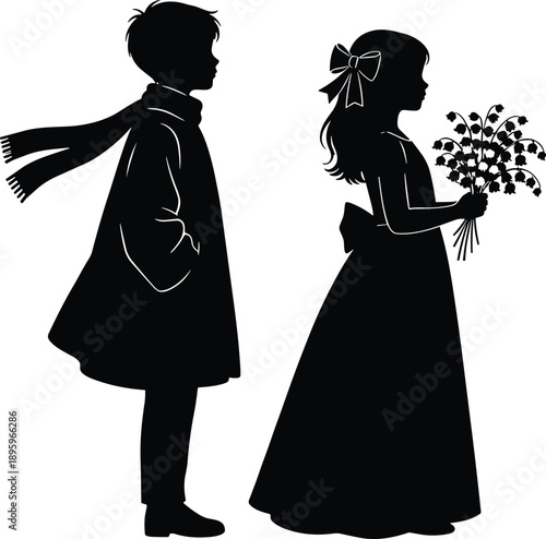 Romantic children silhouette illustration of boy and girl with bouquet showing innocent love vector isolated black white background concept design
