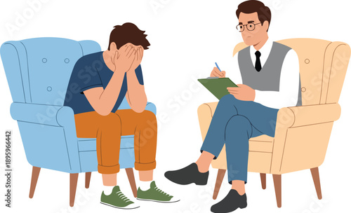 Psychotherapy Session Flat Vector Illustration  Stressed Man Talking to Counselor