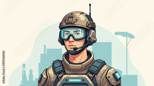 Stylized portrait of a person in tactical gear and helmet