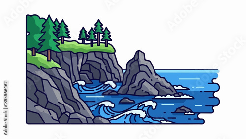 Stylized pixel art of rugged coastal cliffs topped with evergreen trees meeting blue ocean waves