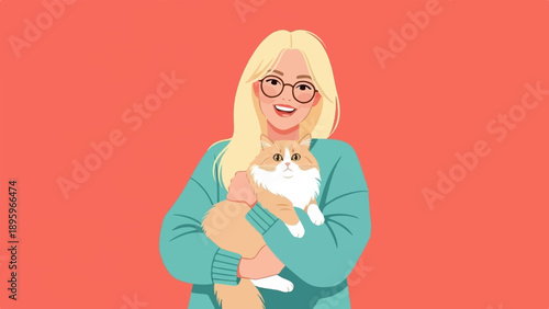 Stylized portrait of a smiling blonde woman wearing glasses and a teal sweater holding a fluffy ginger cat