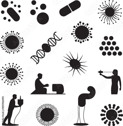 Black silhouettes of virus bacteria and people icons on white background