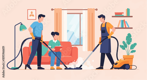 Team cleaning a living room with vacuum cleaners and a notepad