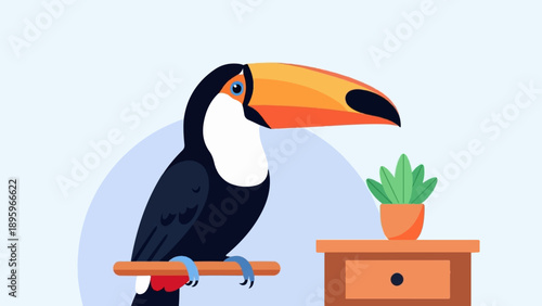 Stylized toucan perched on a branch next to a small potted plant on a table