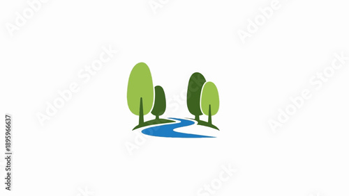 Stylized trees and river bend in green and blue colors on white