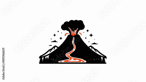 Stylized volcano erupting lava into a forest landscape under stars
