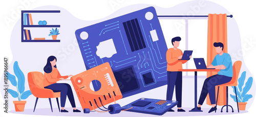 Team collaborating on electronic components and laptops