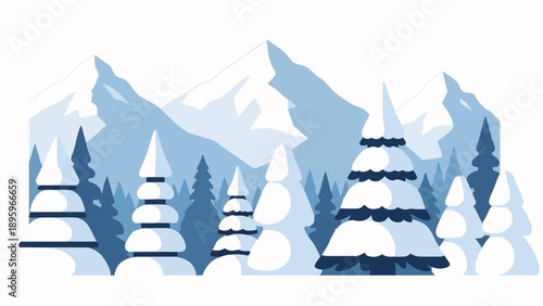 Stylized winter forest scene with snow-covered trees and mountains