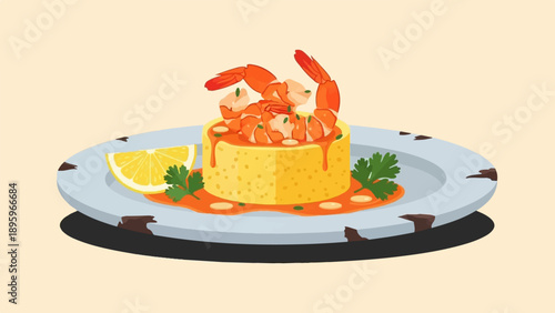 Succulent shrimp atop a cheesy polenta mound, garnished with lemon and parsley