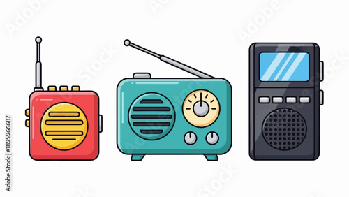 Three colorful retro radios with antennas, knobs, and speakers