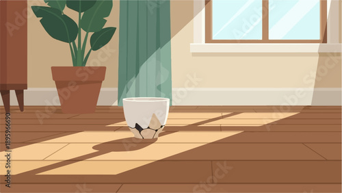 Sunlight streams across a wooden floor, illuminating a cracked pot