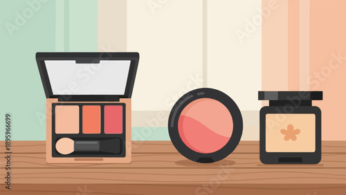 Three cosmetic products, a palette, a blush, and a jar, on a wooden surface