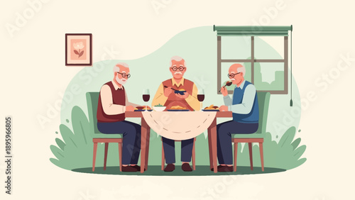 Three elderly men enjoy a meal together at a dining table, sharing food