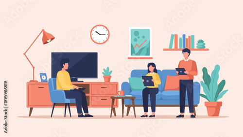 Three people are in a living room, two seated and one standing, using tablets