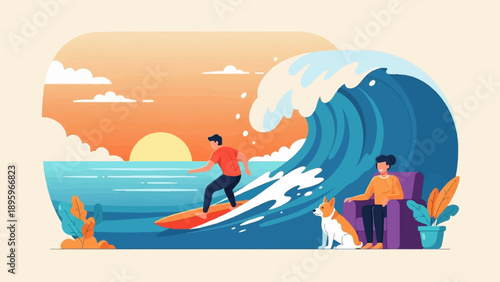 Surfer rides wave, person and dog relax indoors during sunset