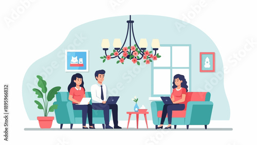 Three people are sitting in a living room, working on their laptops