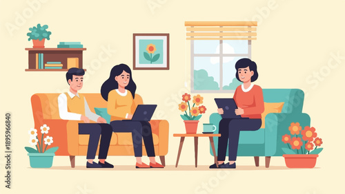 Three people are working on laptops while relaxing on couches at home