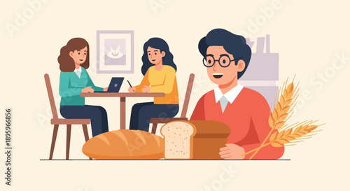 Three people at a table with baked goods and wheat stalks