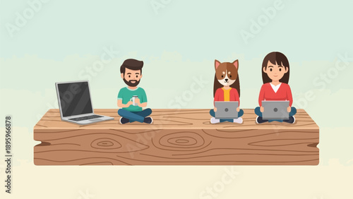 Three figures, one male, one female, one canine, sit cross-legged on wood
