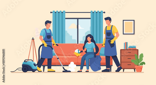 Three people cleaning a room with a vacuum, cloth, and trash bag