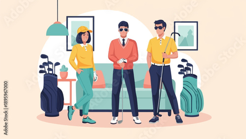 Three golfers pose indoors near a sofa with golf bags and clubs