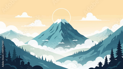 Stylized mountain landscape with snow-capped peak, soft clouds, and hazy valleys