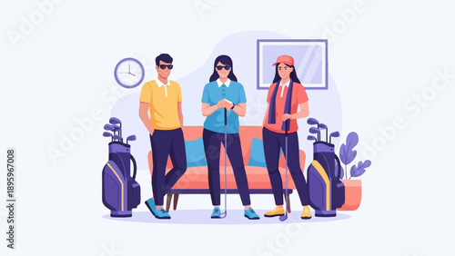 Three golfers, two women and one man, stand with clubs and bags