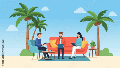 Three people in casual attire meet outdoors under palm trees, working on laptops